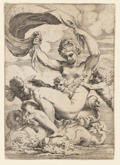 ヴィーナス（またはガラテア）とイルカに支えられたキューピッド 作： Agostino Carracci