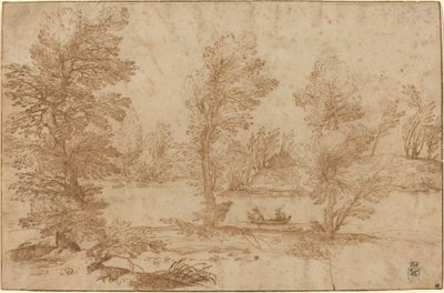 ボートのあるウッドランド川 作： Agostino Carracci