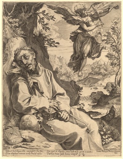 音楽の天使に慰められる聖フランチェスコ 作： Agostino Carracci after Francesco Vanni