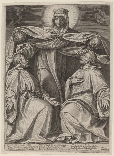 信心会の 2 人のメンバーを保護するマドンナ 作： Agostino Carracci after Veronese
