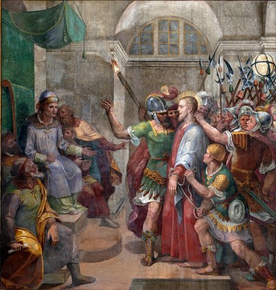パッション。"ポンテオ・ピラティウスの前のキリスト（Pontius Pilatius）"アゴスティーノ・チャンペッリ（1577-1642）によるフレスコ画 1594-1600年 ローマ、サンタ・プラッセーデ大聖堂 作： Agostino Ciampelli