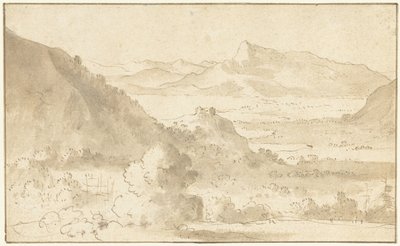 湖と城のある山の風景 作： Agostino Tassi (possibly)