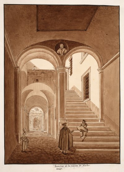 ミケランジェロの家の内部、1833年（茶色のウォッシュでエッチング） 作： Agostino Tofanelli