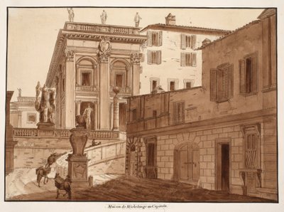 カピトリーノの丘にあるミケランジェロの家、1833年（茶色のウォッシュでエッチング） 作： Agostino Tofanelli