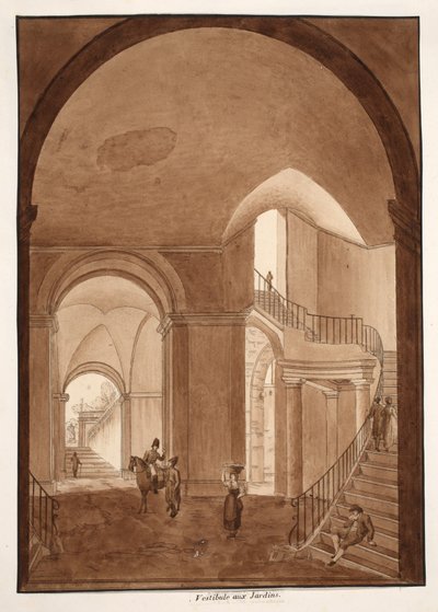 パラッツォカエターニアッロルソの庭園前庭、1833年（茶色のウォッシュでエッチング） 作： Agostino Tofanelli