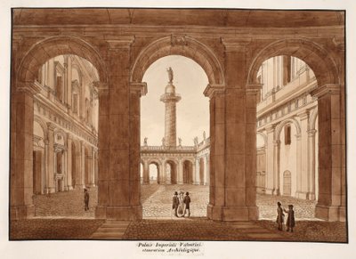 パラッツォインペリアーリヴァレンティーニ。 Archaeological Restoration。、1833（茶色のウォッシュでエッチング） 作： Agostino Tofanelli