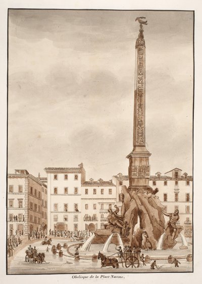 ナヴォーナ広場オベリスク、1833年（茶色のウォッシュでエッチング） 作： Agostino Tofanelli