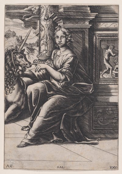 貞操、座っている女性、右側のユニコーン、c。 1515-30。 作： Agostino Veneziano