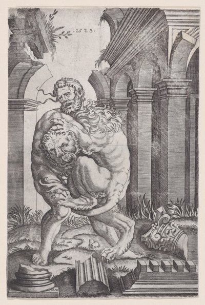 ネメアのライオンを絞め殺すヘラクレス、1528 年。 作： Agostino Veneziano