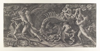 Lo Stregozzo: 動物の骸骨に乗った女性の魔女の前に 2 人の男性と ..., ca. 1515-25。 作： Agostino Veneziano