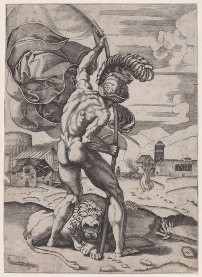 フラグを持つ男、カリフォルニア州。 1514-36。 作： Agostino Veneziano