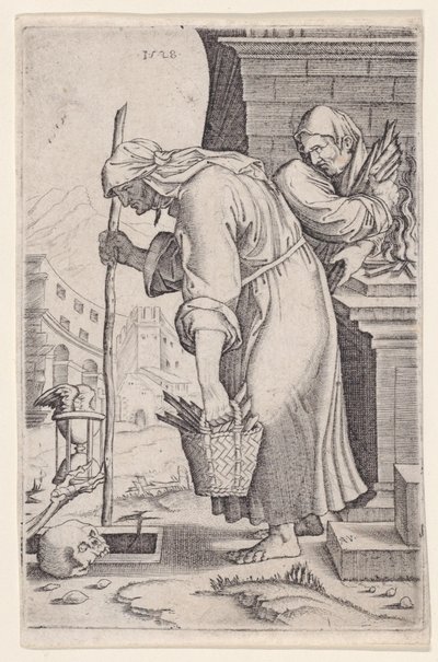 墓に近づく老婆、1528年。 作： Agostino Veneziano