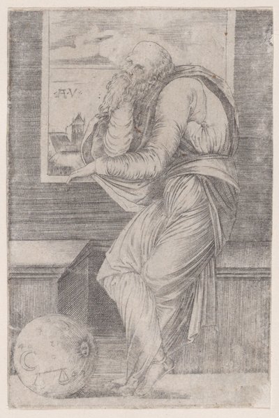 窓の近くに座っている哲学者、約。 1514-36 年頃。 1514-36。 作： Agostino Veneziano