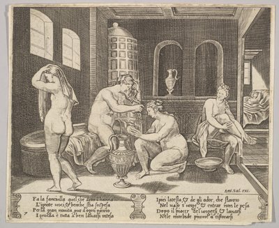 プレート 7: プシュケは、ニンフによって彼女の風呂に参加しました。 1520-36。 作： Agostino Veneziano