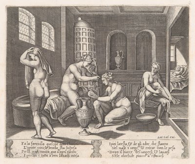 プレート 7: アプーが語ったキューピッドとプシュケの物語、1530-60 年から、プシュケは彼女の風呂に参加しました。 作： Agostino Veneziano