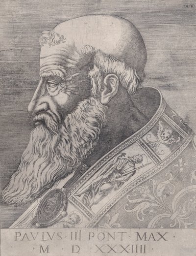 教皇パウルス 3 世、生首、1534 年の日付。 作： Agostino Veneziano