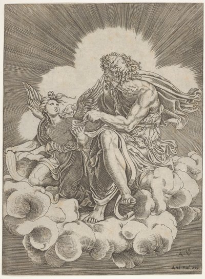 聖マタイ、雲の上に座って、天使が抱いたインク壺に羽をつけた...、ca。 1518-20。 作： Agostino Veneziano