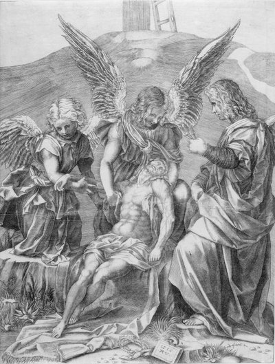 3人の天使に支えられたキリストのからだ、1516年。 作： Agostino Veneziano