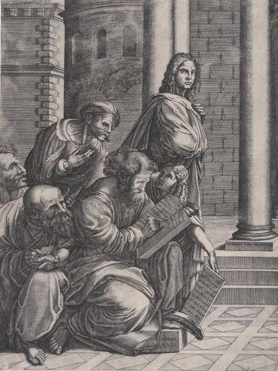 1523 年のラファエロのアテネ学校のグループ。 作： Agostino Veneziano
