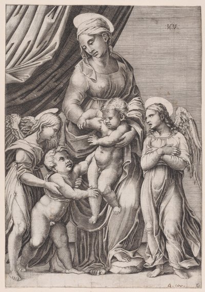 聖母、幼子キリスト、幼子聖ヨハネ、2 人の天使、1516 年。 作： Agostino Veneziano