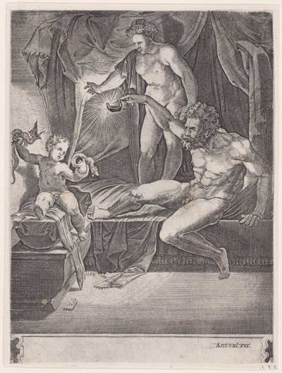 ゆりかごに抱かれた若いヘラクレス、1533 年。 作： Agostino Veneziano