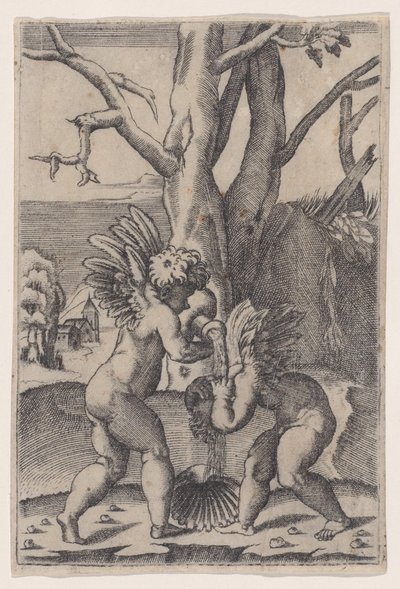 2 つのキューピッド、約。 1519年。 作： Agostino Veneziano