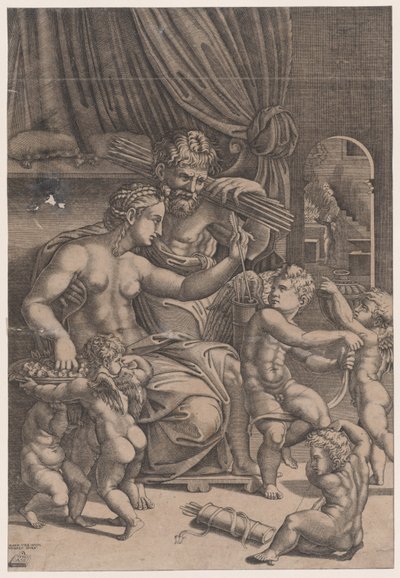 キューピッドに囲まれたヴィーナスとバルカン、1530 年。 作： Agostino Veneziano
