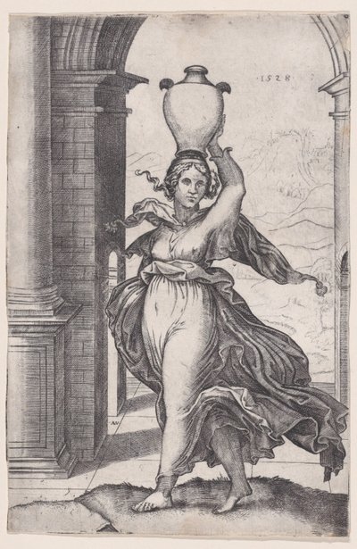 花瓶を頭に乗せた女性、1528 年、1528 年。 作： Agostino Veneziano