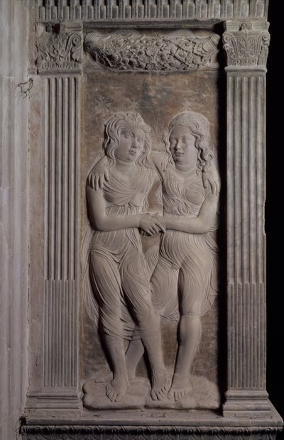 双子によって表されるジェミニ。惑星のシンボルと干支のサインを描いた一連のレリーフから、c.1450（石膏） 作： Agostino di Duccio