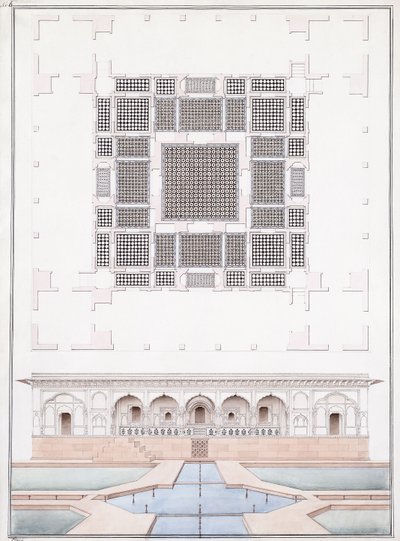 1830年頃、ディグのスラジュバワンの南正面と庭園宮殿の標高（鉛筆、ペン、灰色のインクと水彩） 作： Agra School