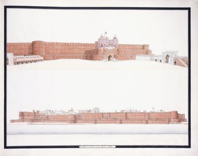 デリー門のあるアグラ城塞、c。 1815年 作： Agra School