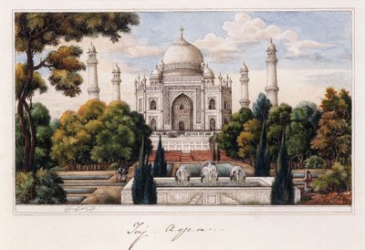 庭のタージ・マハル、1840年頃（ペンと灰色のインク、w - c、白のタッチで強調） 作： Agra School
