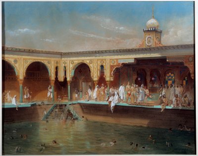 1842年、パリのデリニー浴場。エイム・バソンピエール＝セウラン（1809-1896）による絵画 作： Aime Bassompierre Sewrin