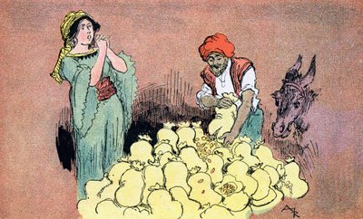 妻に金の袋を見せているアリババ アリババと40人の盗賊のためにアルバート・ロビダが描いたイラスト 1945年個人蔵 作： Albert (after) Robida