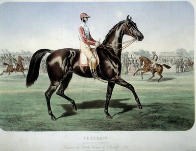 レースの様子"1868年のシャンティイダービーを制したスズレイン」 アルバート・アダム（1833-）によるリトグラフ 個人蔵 作： Albert Adam