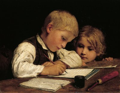 書いている少年。妹と一緒に男の子を書く 作： Albert Anker
