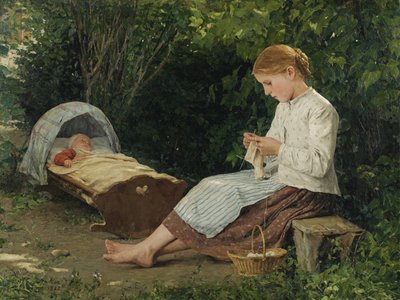 クラドルに乗った幼児を見守る編み物少女（jeune fille tricotant en surveillant un bebe endormi dans son berceau） par Anker, Albert (1831-1910).キャンバスに油彩、サイズ：54x70 作： Albert Anker