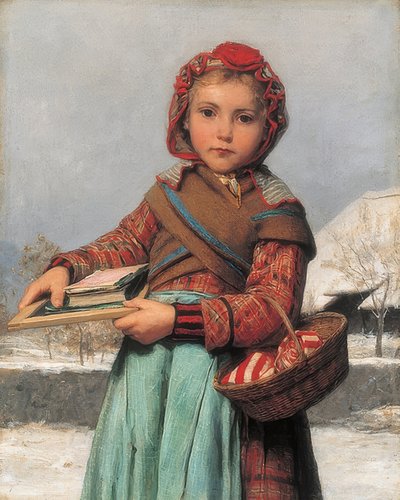 黒板とミシンバスケットの女子校生。 1878 作： Albert Anker