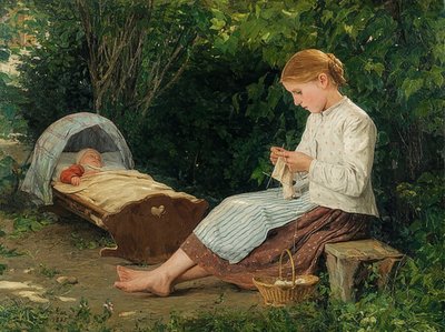 ゆりかごの世話をする編み物の女の子。 1885 作： Albert Anker