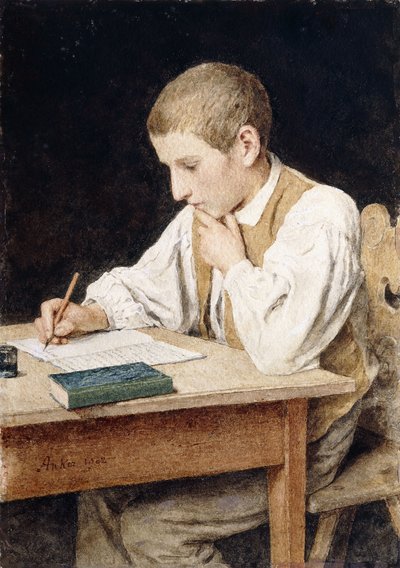 ライティング・ボーイ、1902 作： Albert Anker