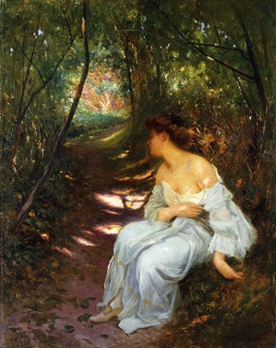森の小道に座った若い女性、1908 作： Albert Auguste Fourie