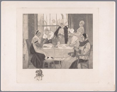 テーブルで伝統的な衣装を着た女性の会社 ル・スキャンダル 作： Albert Bertrand (attributed to)