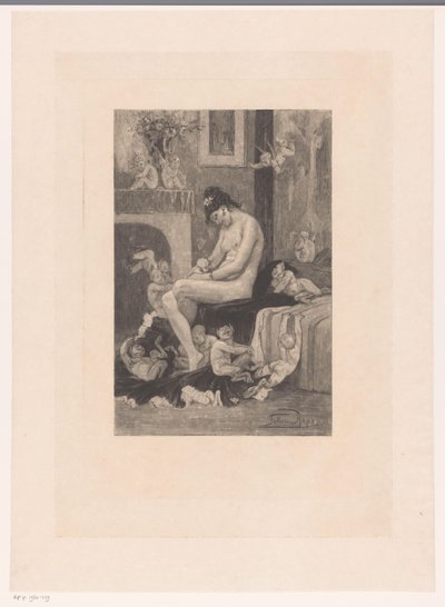 ベッドの端で裸の女性が悪魔の演奏に囲まれている La mere aux Satyrions 作： Albert Bertrand (attributed to)