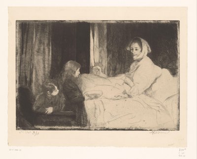 母親のベッドサイドにいる子供たち 作： Albert Besnard (signed by artist)