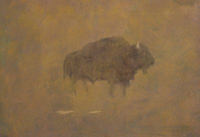 砂嵐の中のバッファロー（ボードに取り付けられた紙に油彩） 作： Albert Bierstadt