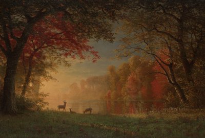 インドの夕日: 湖畔の鹿 作： Albert Bierstadt