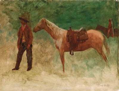 馬とカウボーイの立ち姿 作： Albert Bierstadt