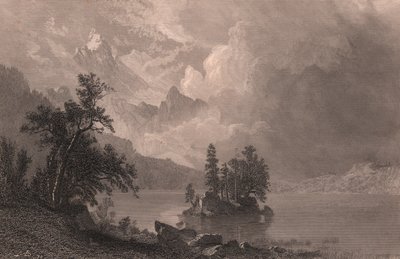 エスター湖の眺め、シエラネバダ、カリフォルニア、アメリカ合衆国、アルバート・ビアスタット（1830-1902）の絵画にロバート・ヒンシュルウッド（1812-1875）が描いたスチール・エングレーヴィング、約19x14cm。 作： Albert Bierstadt