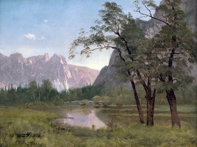 ヨセミテバレー（キャンバスにマウントされた紙に油彩） 作： Albert Bierstadt