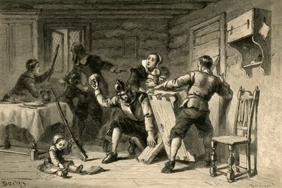 ピューリタンはインディアンに対して彼らの家をバリケードしました、1877。 作： Albert Bobbett